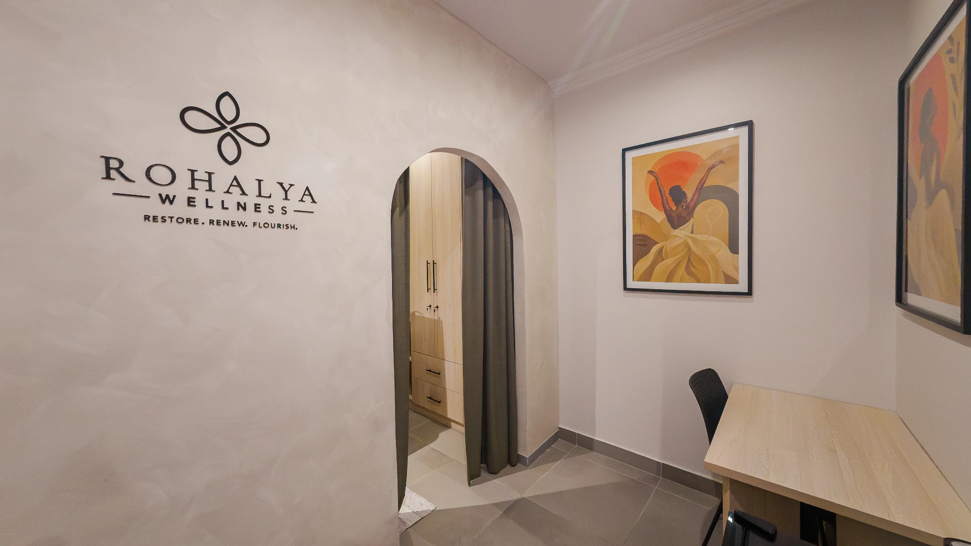 Rohalya Wellness entrance with logo and calming interior
