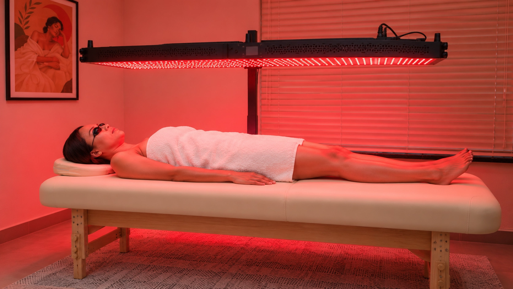 Client relaxing under a full-body red light near-infrared panel at Rohalya Wellness